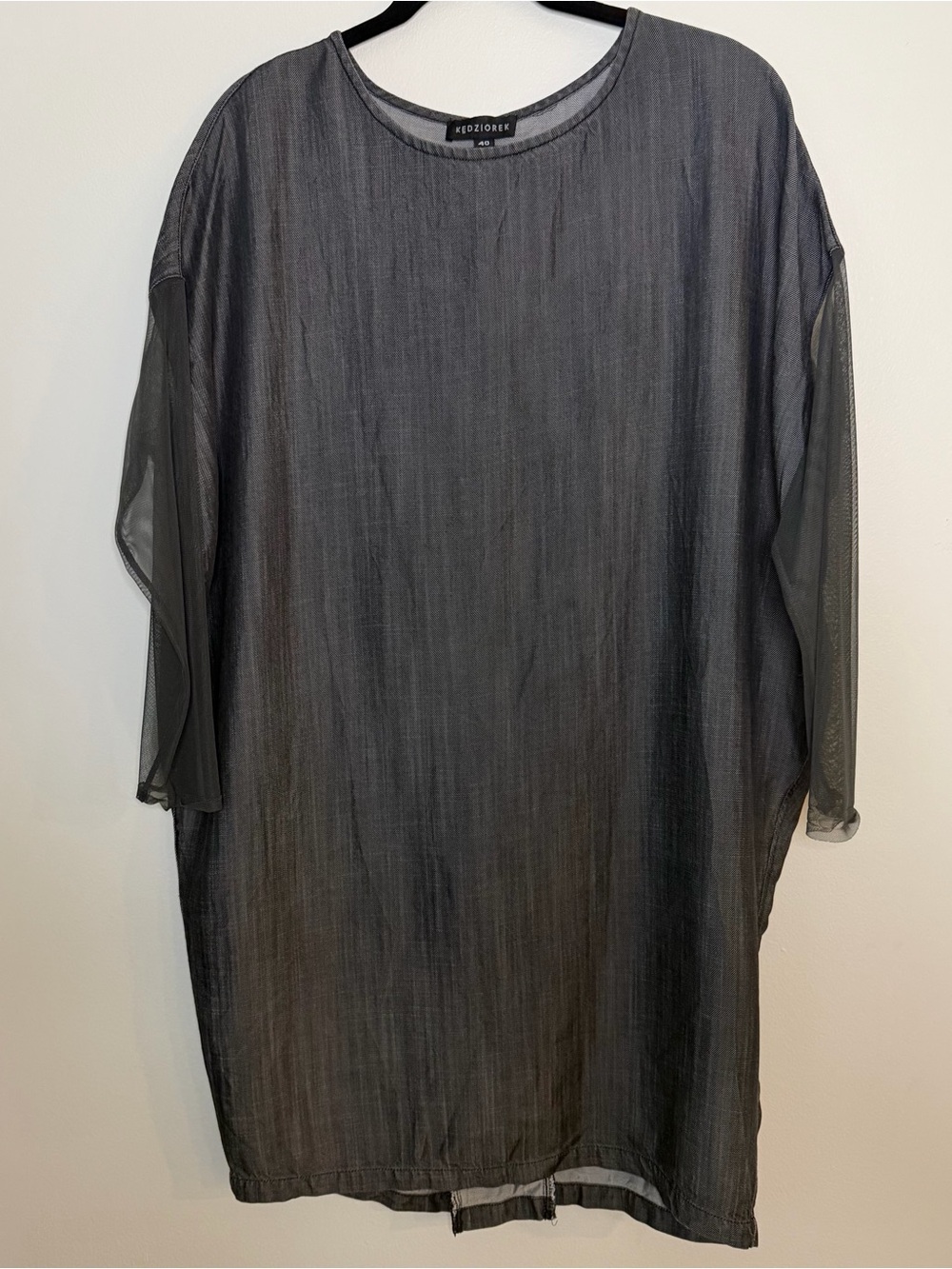 Vintage Kedziorek gray boxy Tunic Dress, sheer long sleeves , size 40- medium